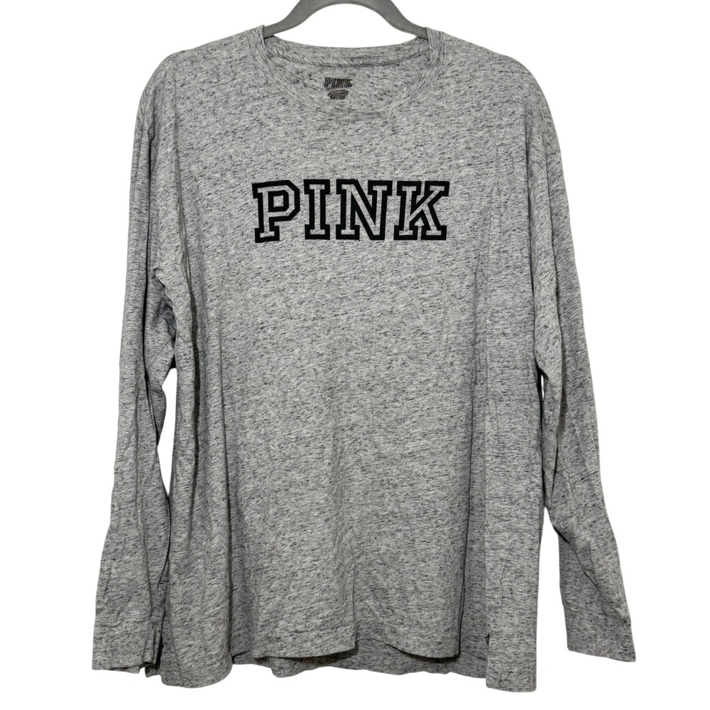 Victorias Secret PINK Long Sleeve T-Shirt Grey Heathered Logo Women's Large L